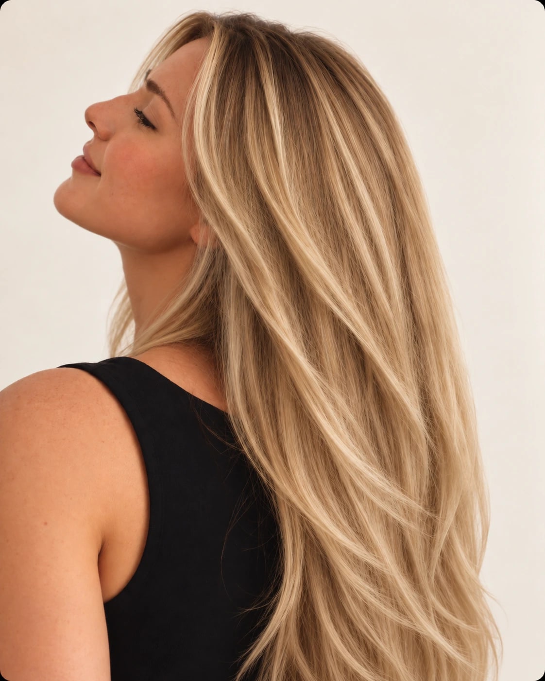 A blonde client with long waves, pictured in profile