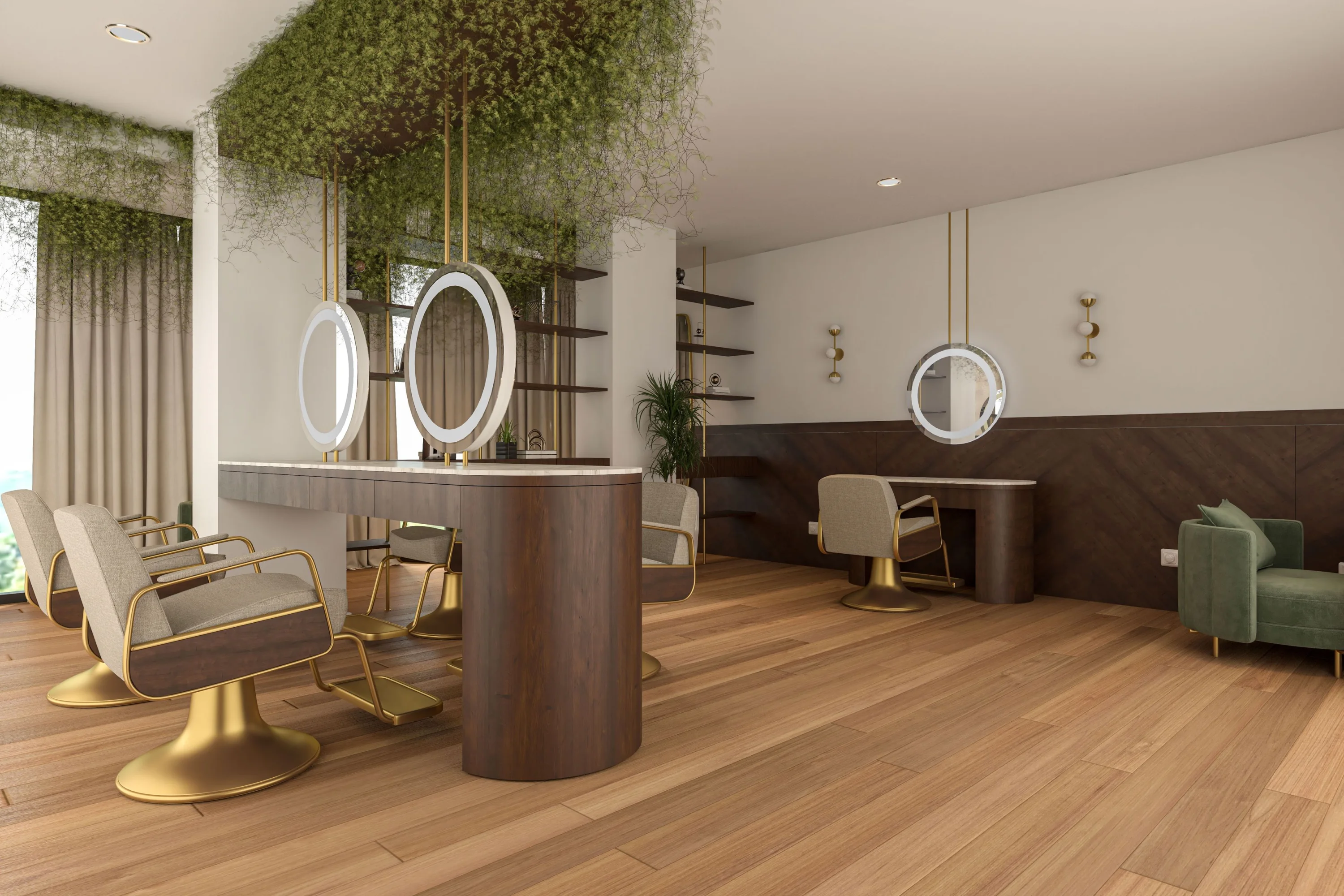 A spacious salon with circular mirrors and hanging greenery